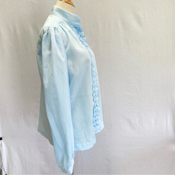 Vintage Light Blue Ruffle Blouse High Collar Puff Sleeve Romantic Retro size 12 - Picture 11 of 13